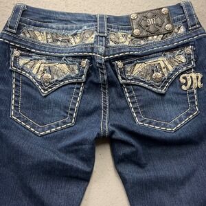 Miss Me Slim Boot Jeans Womens 27 Dark Wash Embellished Flap Pocket JE8070SBR